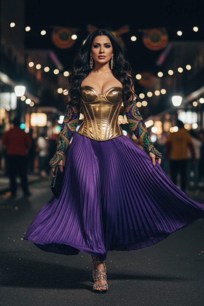 12. Metallic Corset with Pleated Skirt and Beaded Gloves