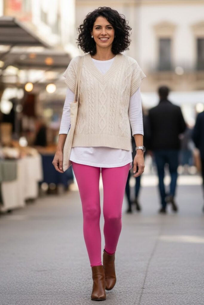 12. Pink Leggings with Knit Vest and Tee