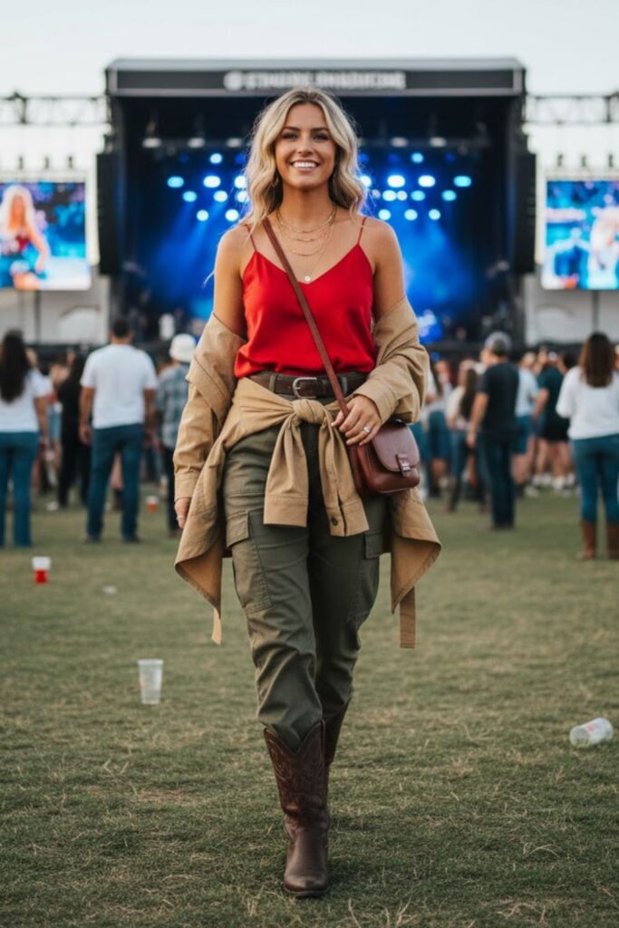 12. Red Camisole with Utility Jacket