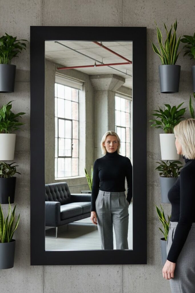 13. Black Frame Mirror with Monochrome Planters