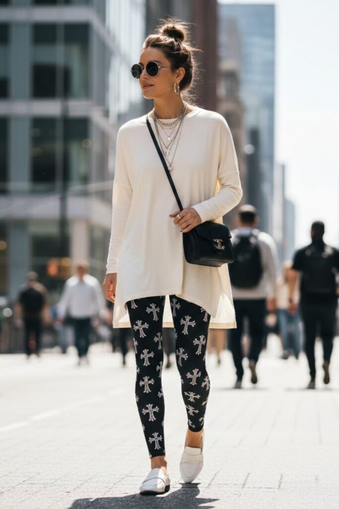 13. Chrome Heart Leggings with Tunic Top and Slip-Ons