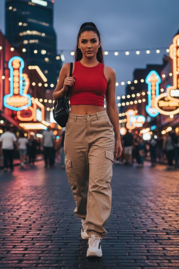 13. Crop top, cargo pants, and sneakers