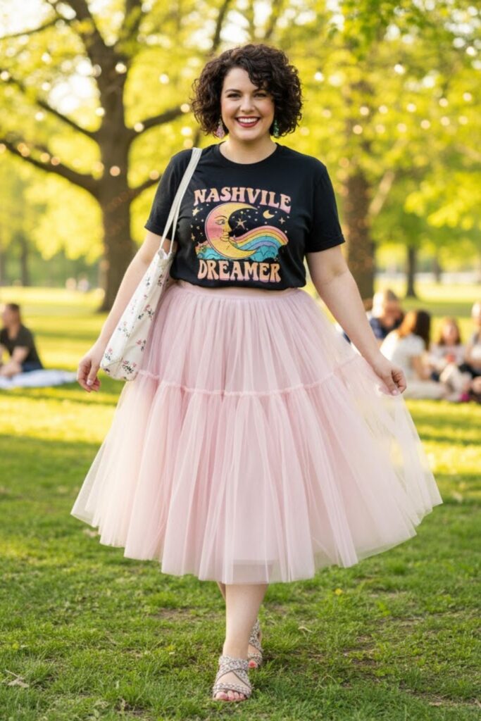 13. Graphic Tee with Tulle Skirt and Sandals