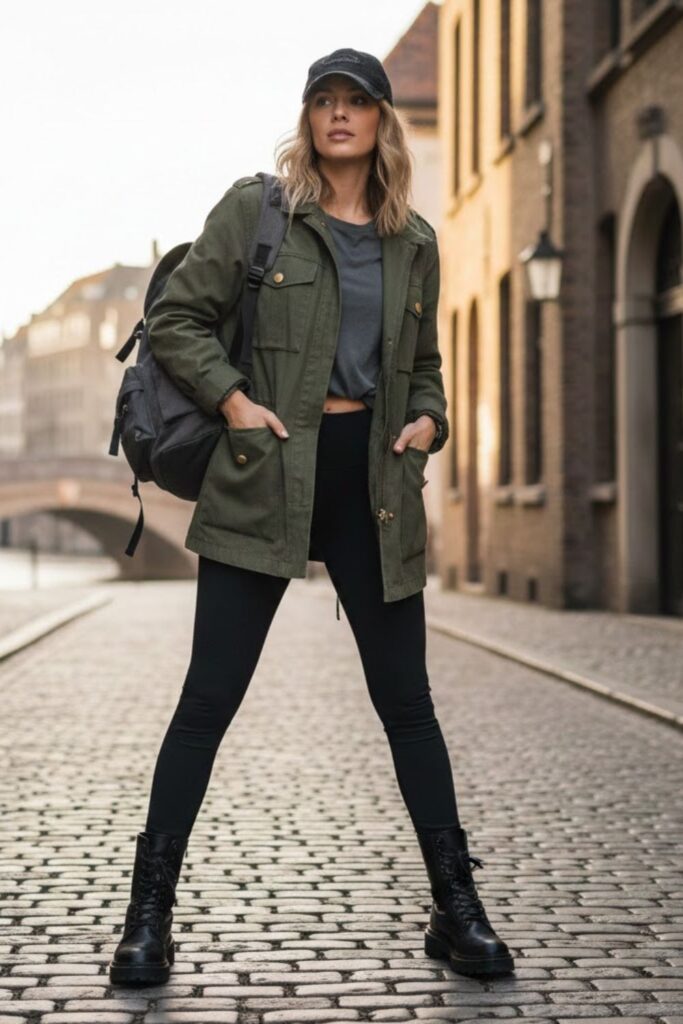 13. Leggings with Military‑Style Jacket and Combat Boots
