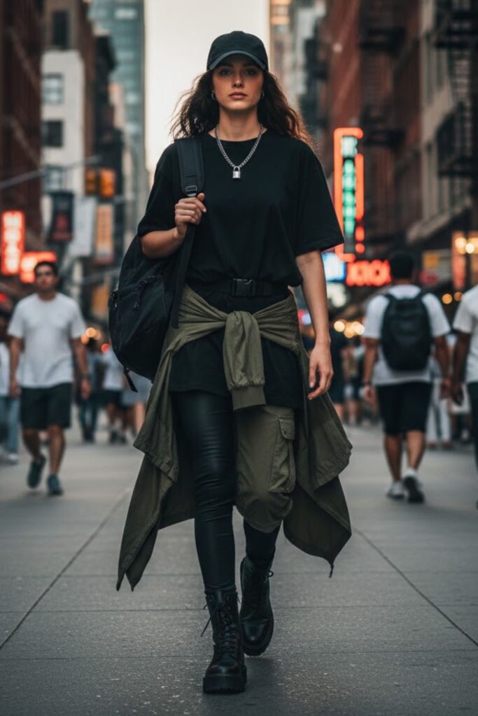 13. Leggings with Oversized T‑Shirt and Cargo Pants Layer