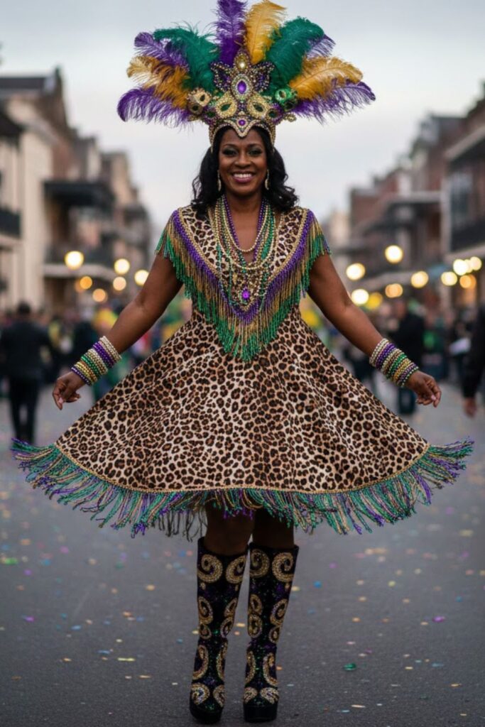 13. Leopard Print Dress with Beaded Fringe and Feathered Headband