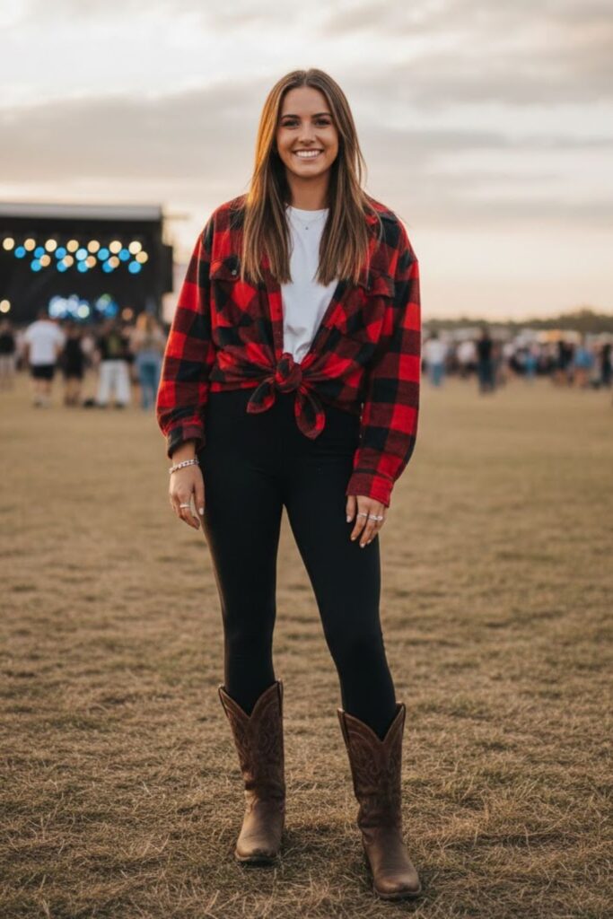 13. Oversized Plaid With Leggings and Boots
