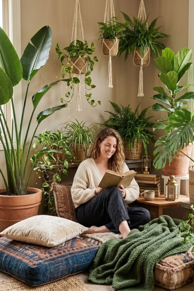 13. Plant-Filled Nook with Floor Cushions