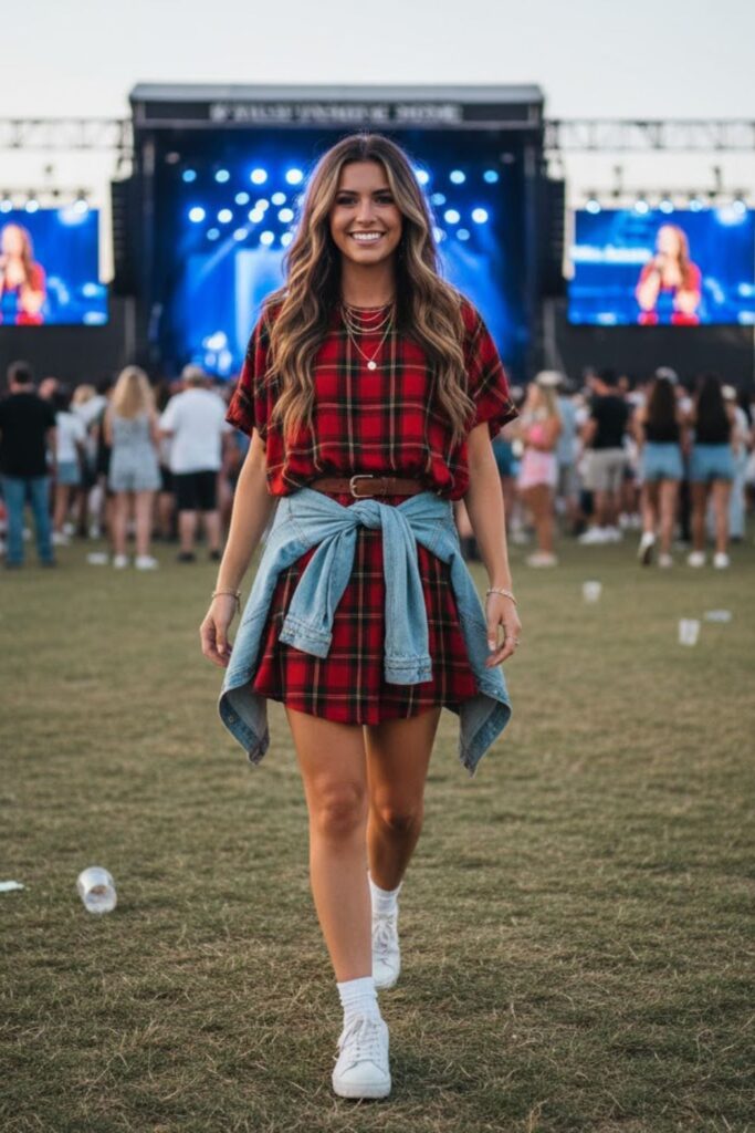 13. Red Plaid Dress with Sneakers