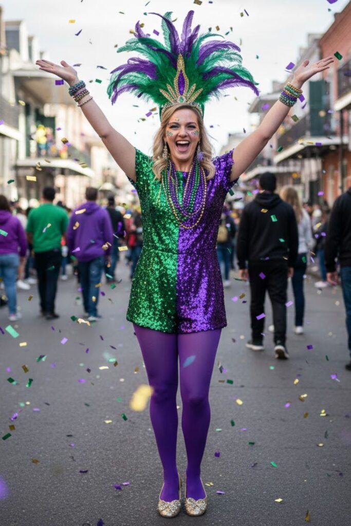 13. Sequin Romper with Colored Tights and Feathered Headpiece
