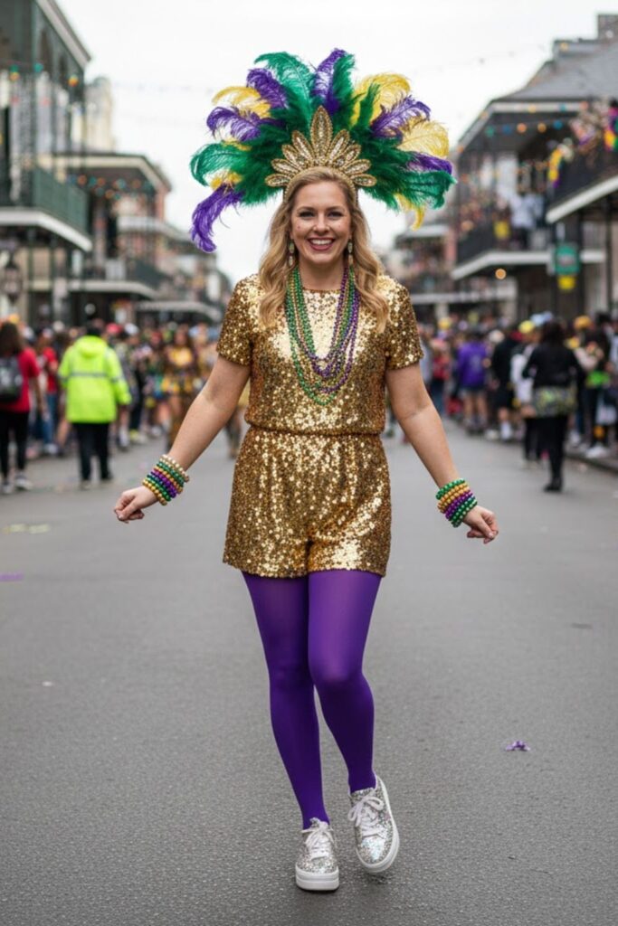13. Sequined Romper with Colored Tights and Feathered Headpiece