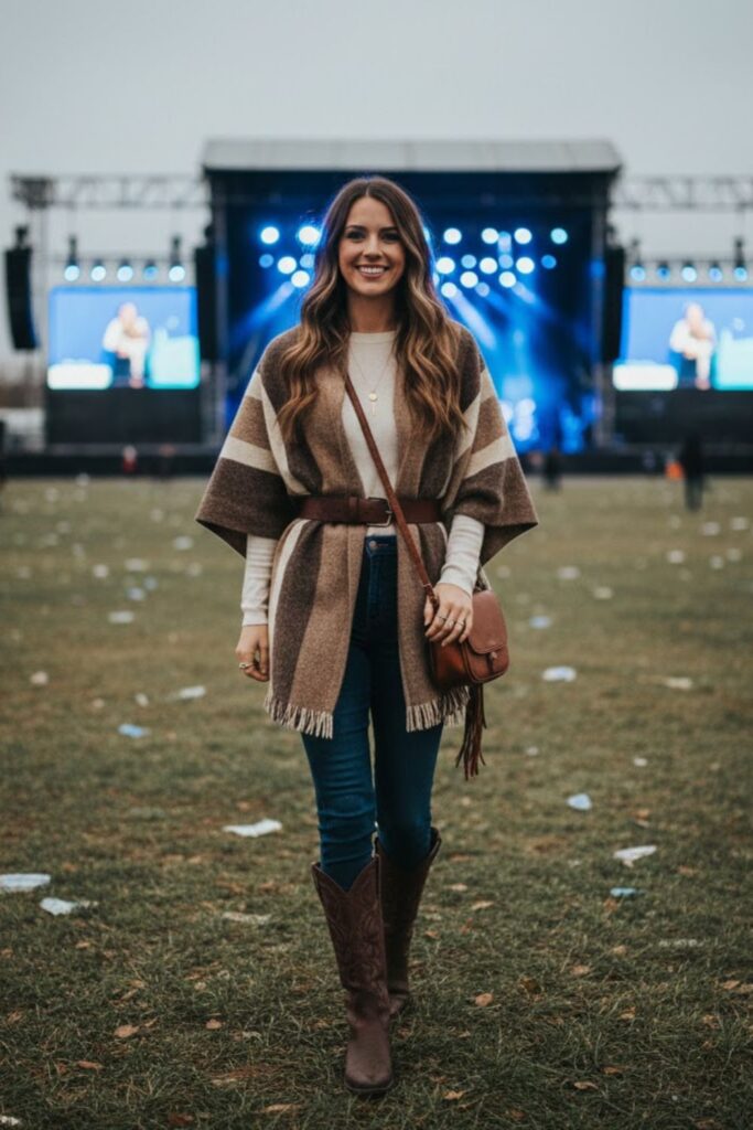 13. Shawl Wrap with Long Sleeve Top and Jeans