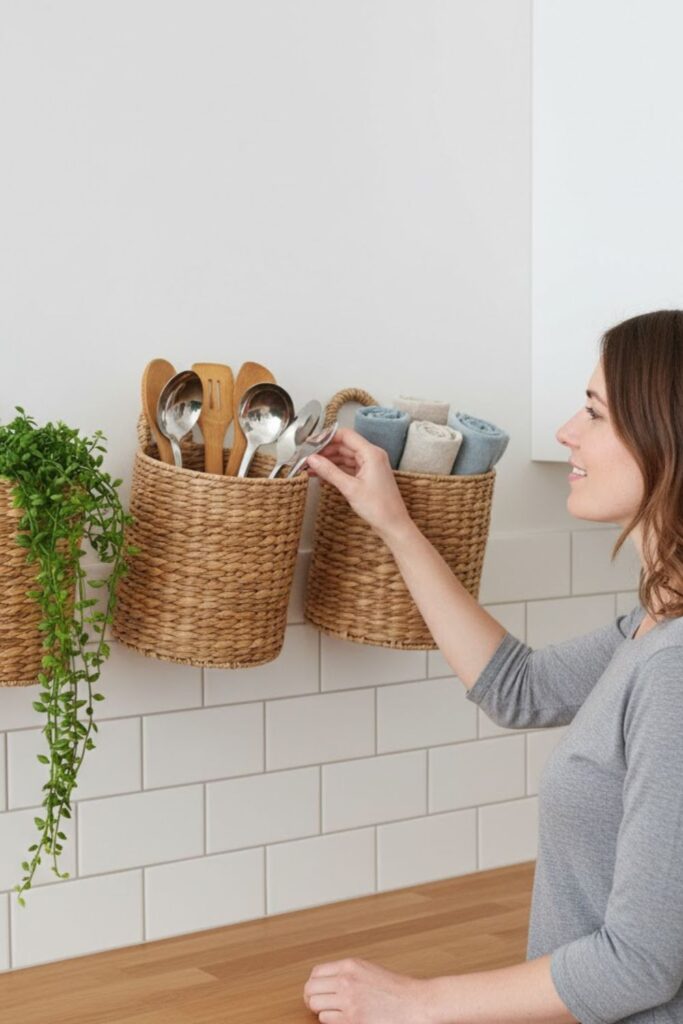 13. Wall-Mounted Basket Shelf Above Counter