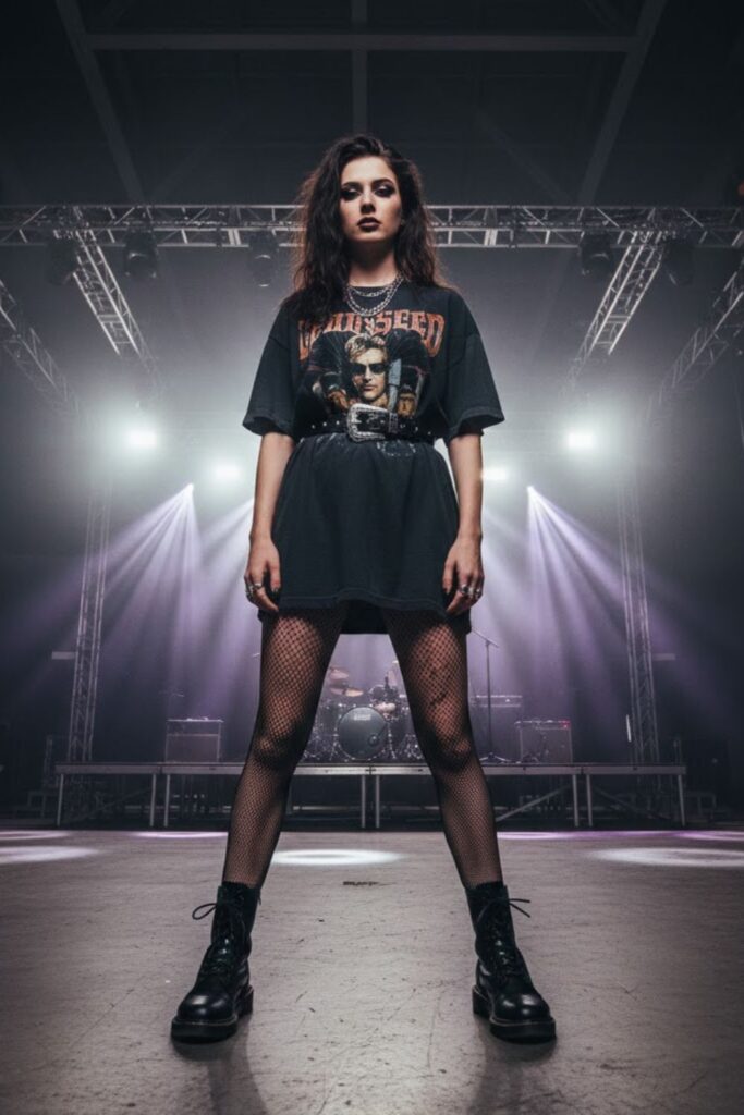 14. Band Tee Dress with Combat Boots