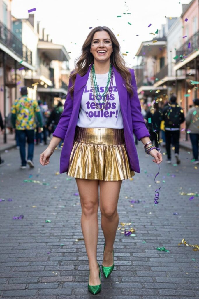 14. Bright Blazer with Graphic Tee and Metallic Skirt