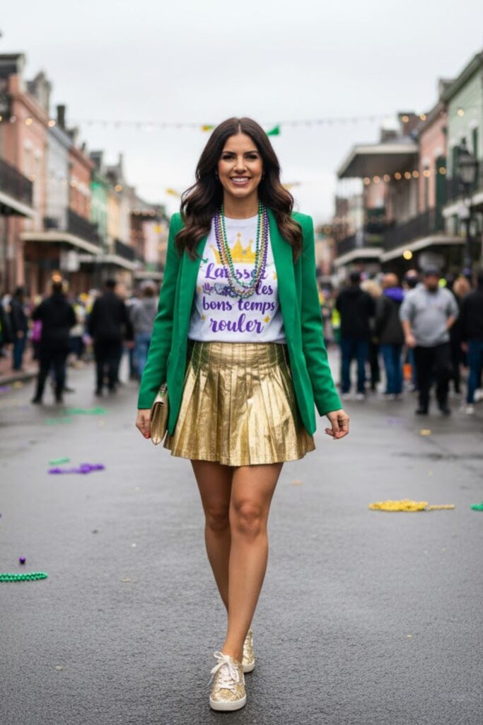 14. Bright Blazer with Graphic Tee and Metallic Skirt