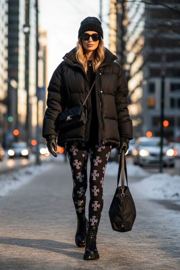 14. Chrome Heart Leggings with Puffer Jacket