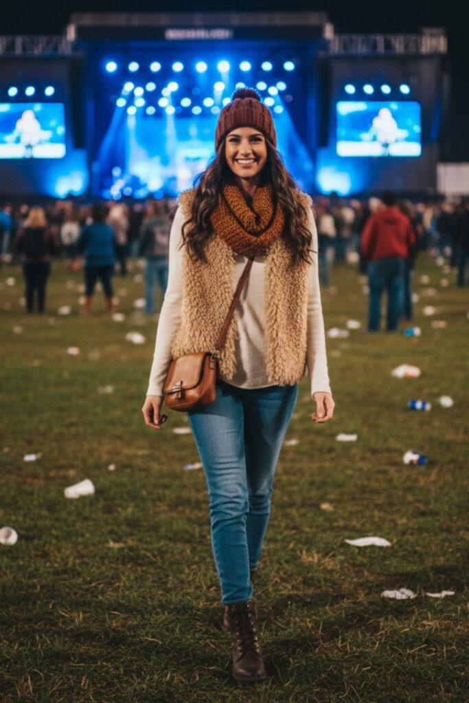 14. Faux Fur Vest with Base Layer and Denim
