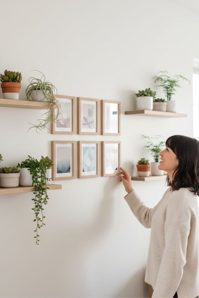 14. Floating Shelf Planters Around Artwork