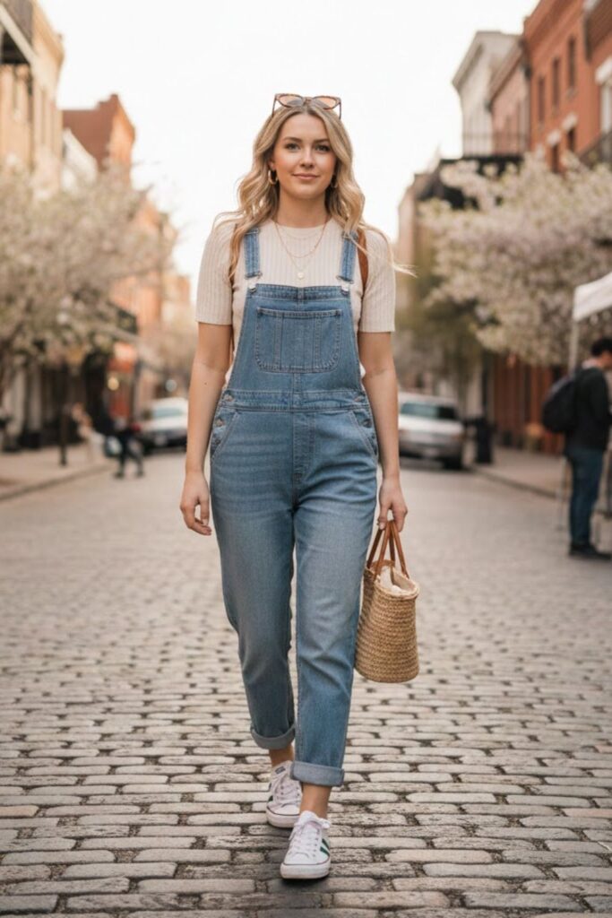 14. Knit top with denim overalls