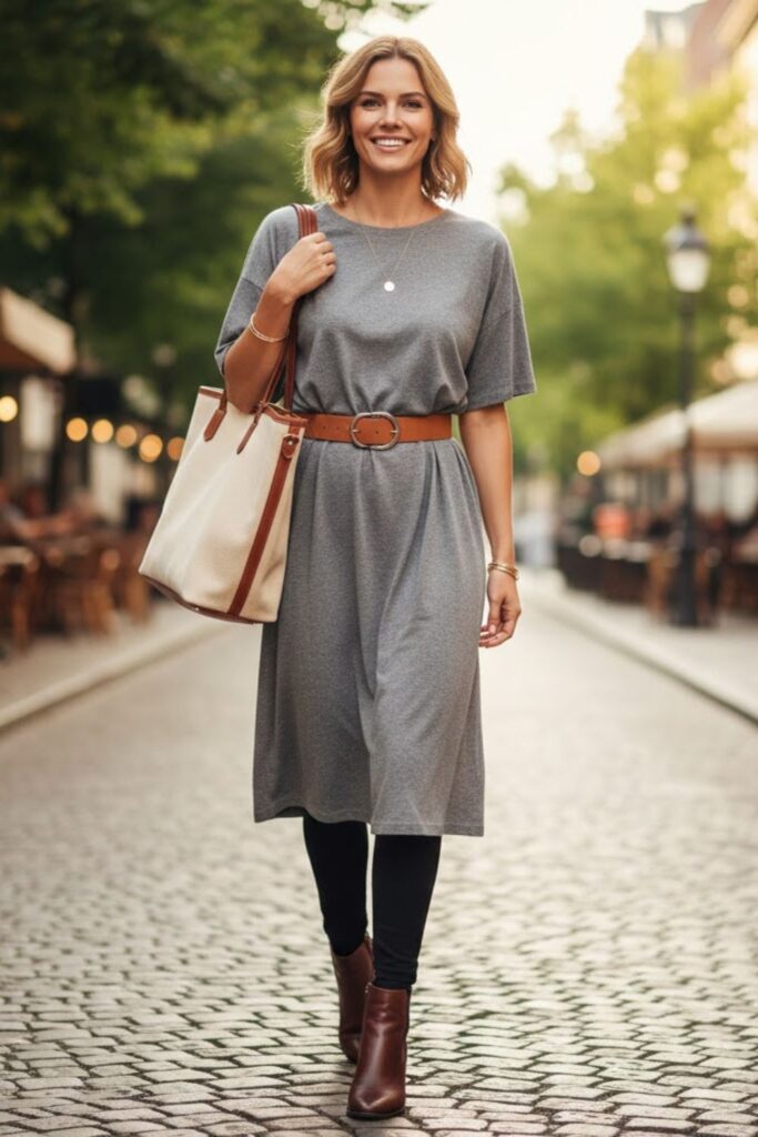 14. Leggings with Oversized T‑Shirt Dress and Belt