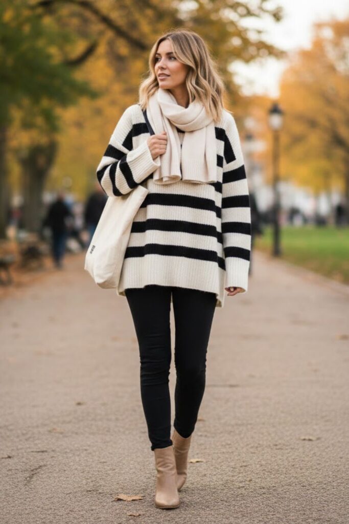 14. Leggings with Striped Sweater and Ankle Boots