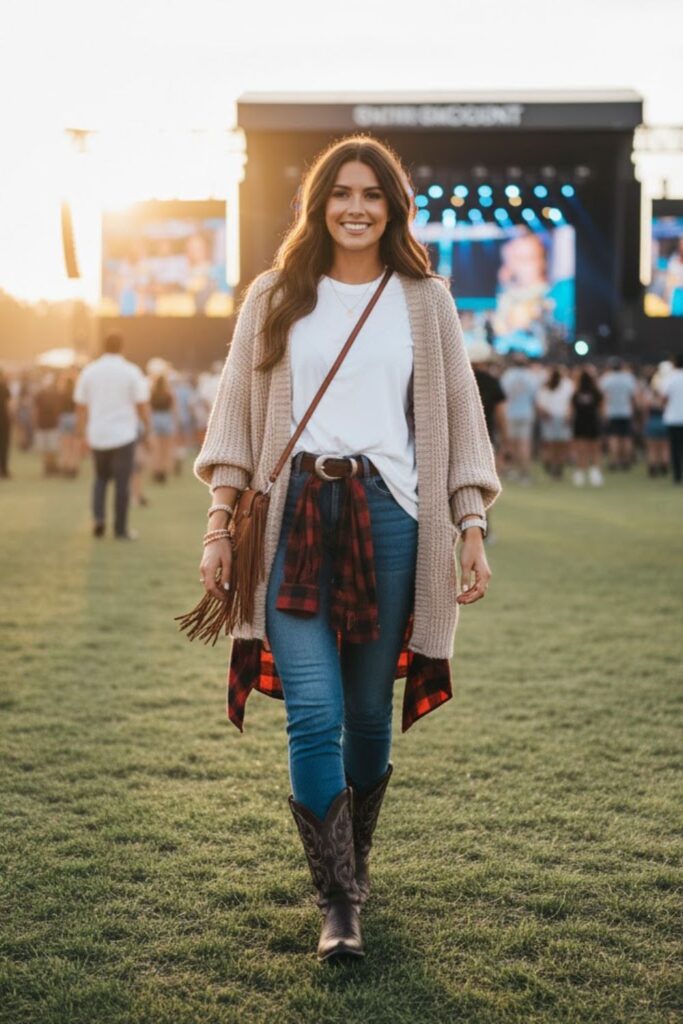 14. Oversized T-Shirt with Long Cardigan and Jeans