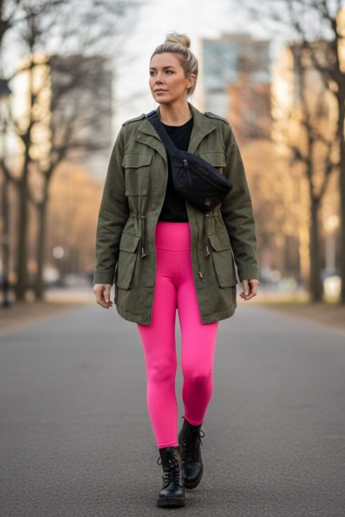 14. Pink Leggings with Utility Jacket