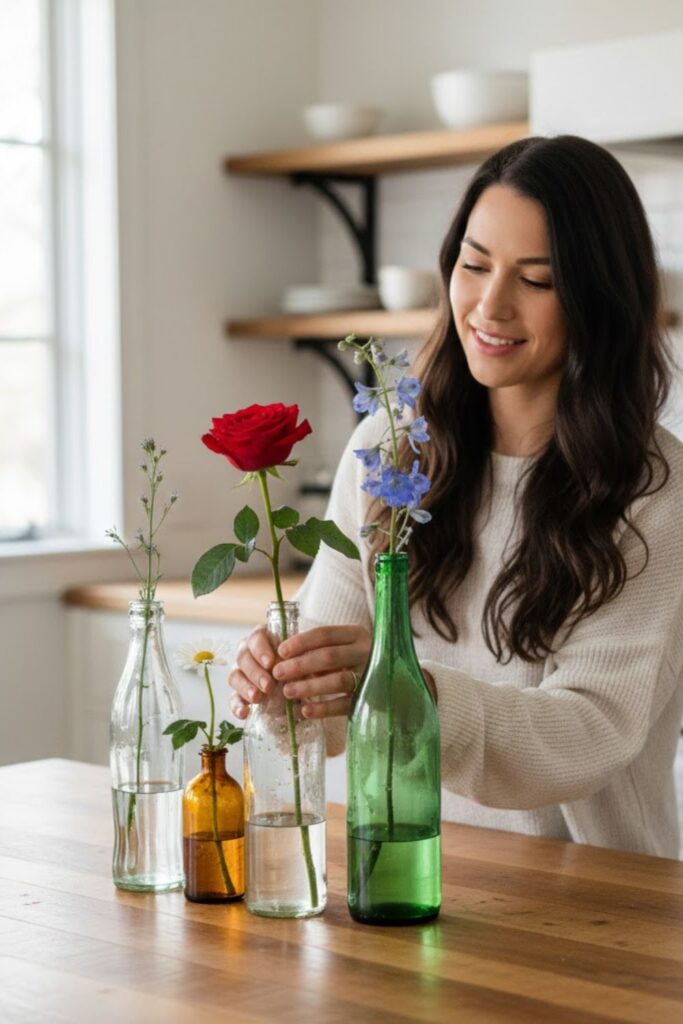 14. Recycled Bottle Vase with Single Stem Flowers
