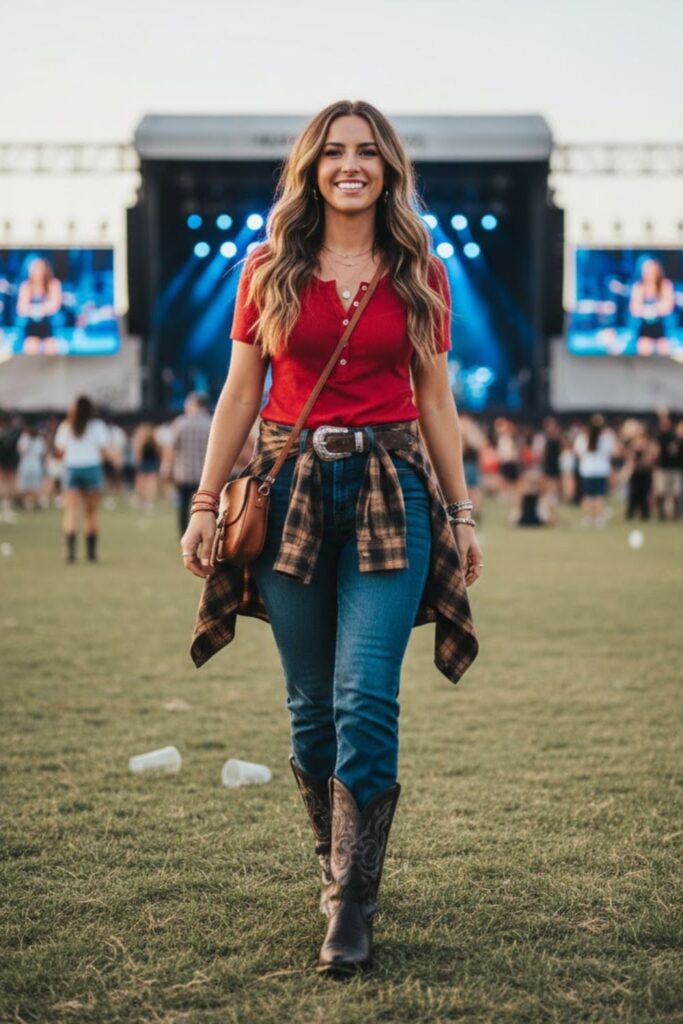 14. Red Henley Top with Straight-Leg Jeans