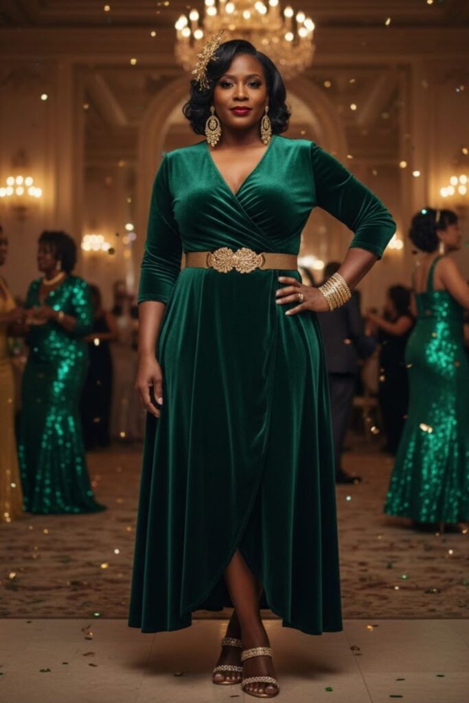 14. Velvet Wrap Dress with Gold Accents and Statement Jewelry