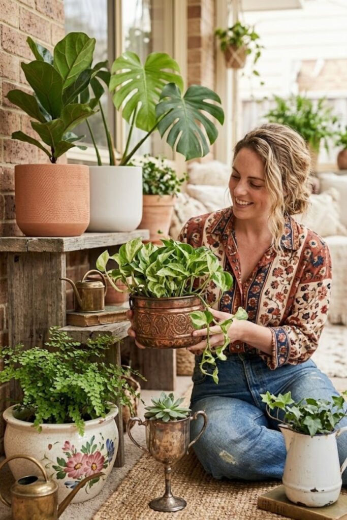 14. Vintage Pots with Lush Green Plants