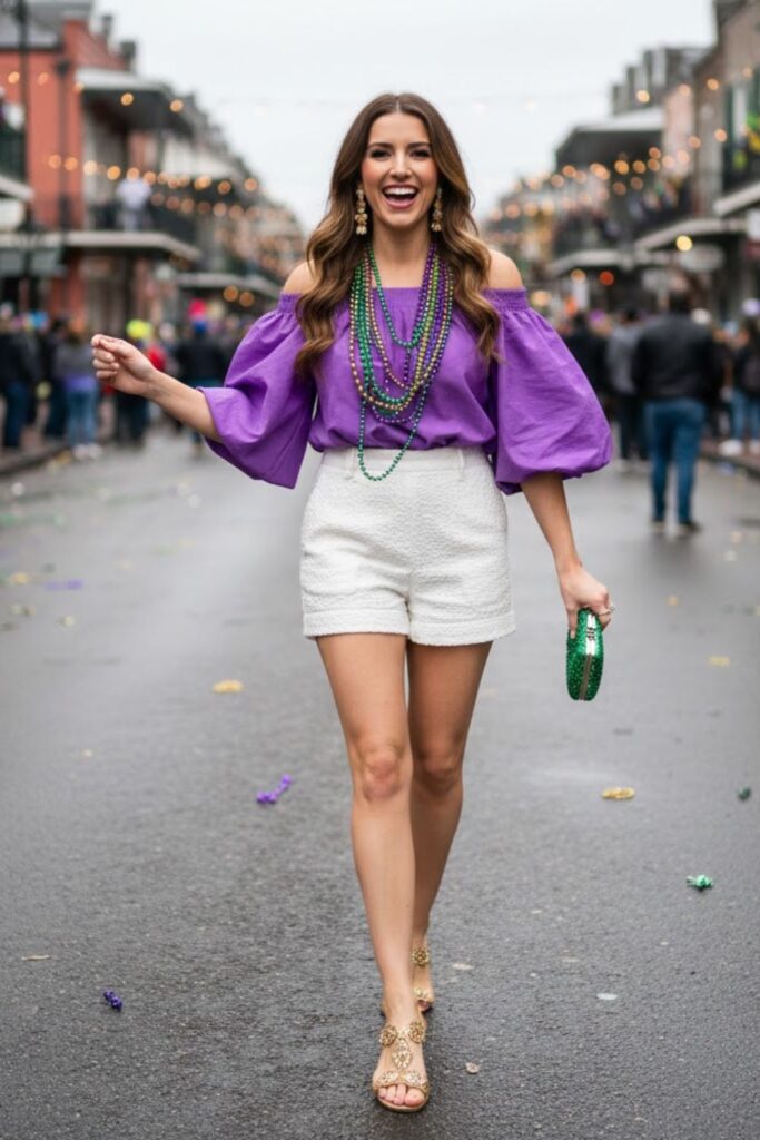 15. Balloon Sleeve Top with High‑Waisted Shorts and Embellished Sandals
