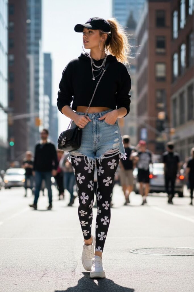 15. Chrome Heart Leggings with Crop Hoodie and Denim Shorts