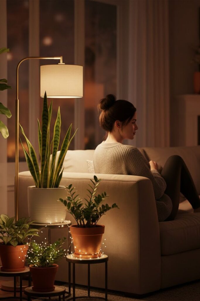 15. Combine Plant Stands with Soft Lighting