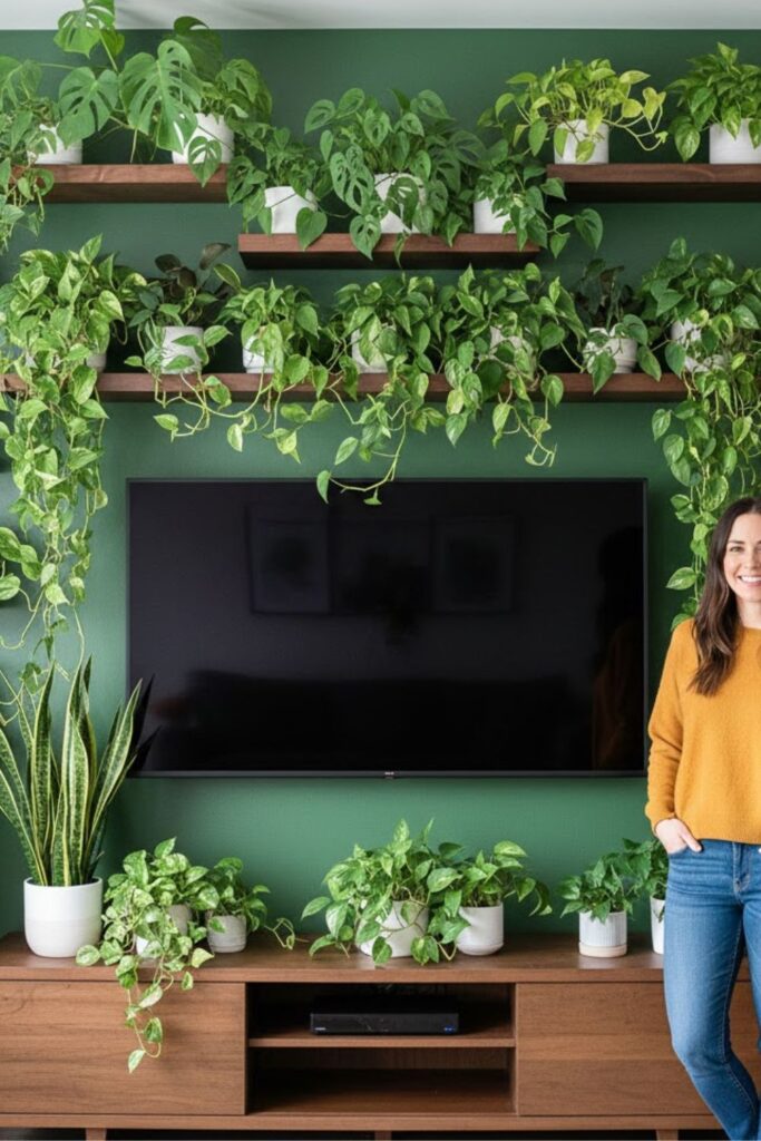 15. Create a Green Accent Wall Around the TV