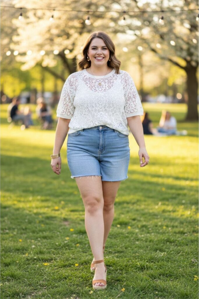 15. Crochet Top with High‑Waisted Shorts and Wedges
