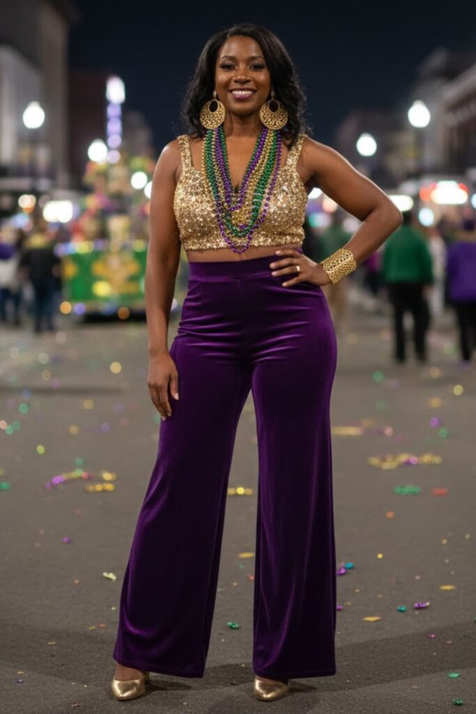 15. Embellished Crop Top with High‑Waisted Palazzo Pants and Beads