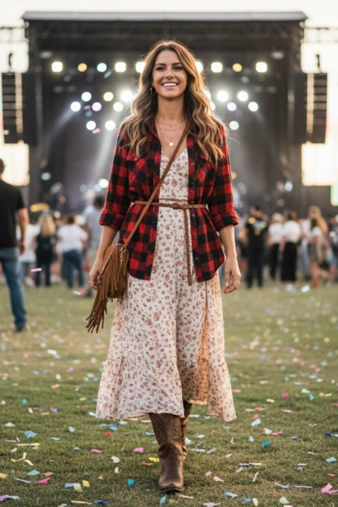 15. Flannel with Floral Dress and Boots
