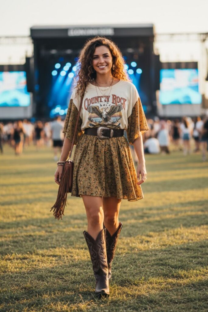 15. Graphic Tee with Dress and Boot Combo