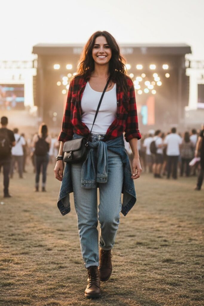 15. Layered tank, flannel, and relaxed jeans