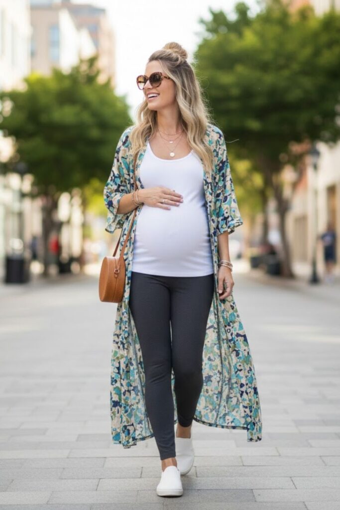 15. Maternity Leggings with Sleeveless Top and Kimono Cardigan