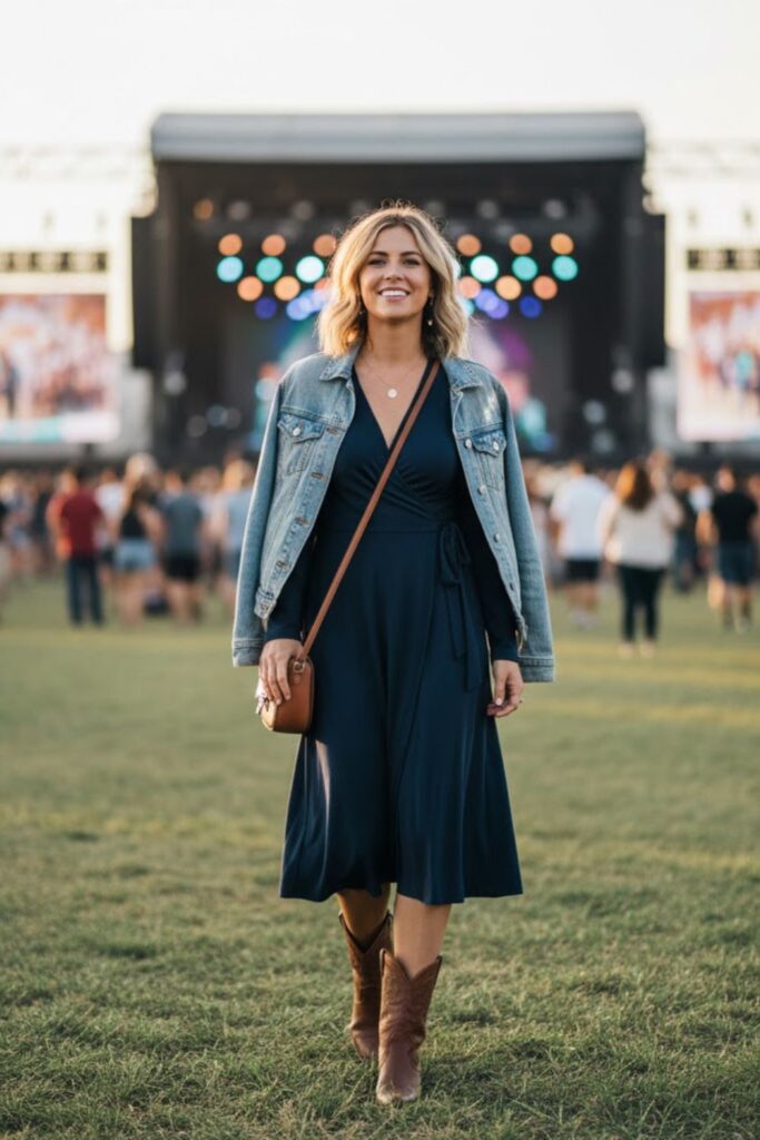 15. Navy Wrap Dress with Ankle Boots