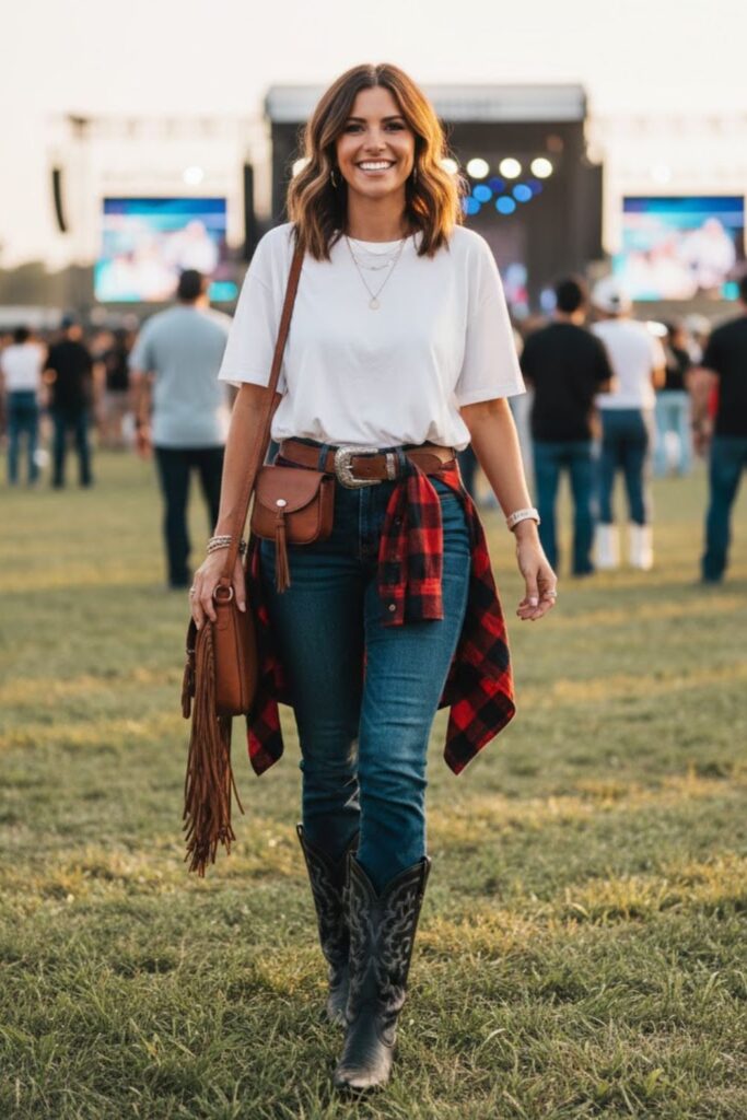 15. Oversized T-Shirt with Belt Bag and Bootcut Jeans