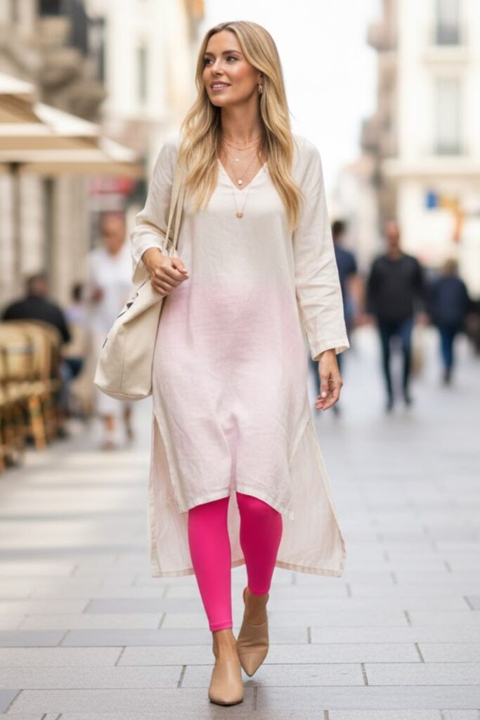 15. Pink Leggings with Tunic and Mules