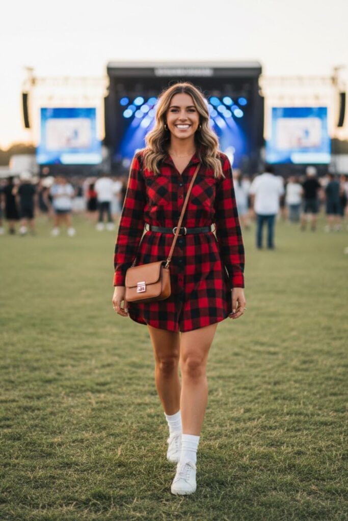 15. Plaid Shirt Dress with Sneakers