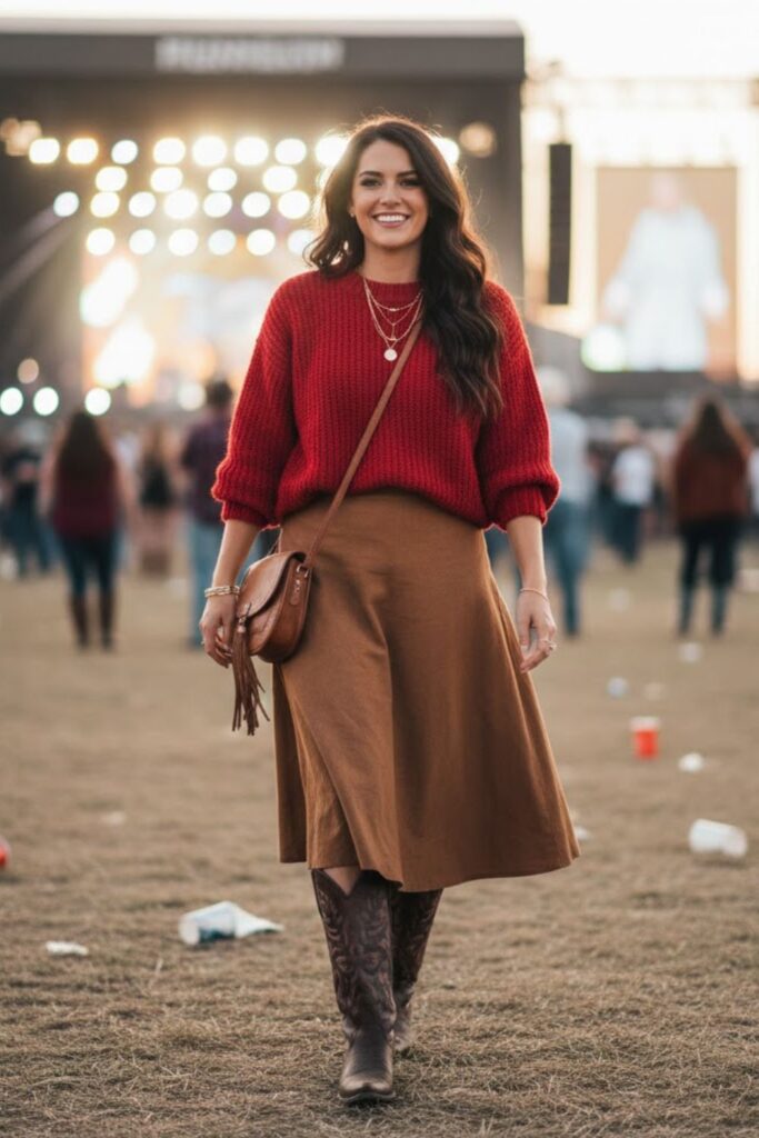 15. Red Knit Sweater with A-Line Skirt
