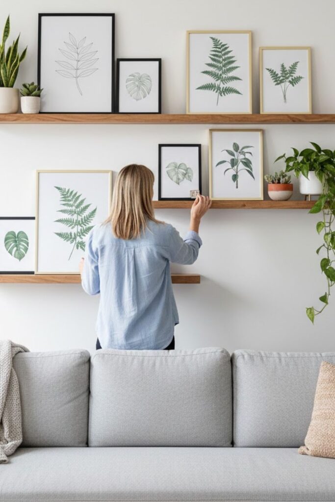 2. Add Floating Shelves with Framed Plant Art