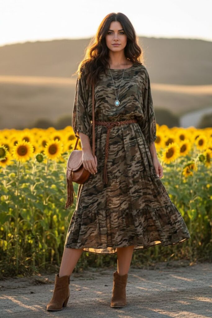 2. Camo Print Dress with Ankle Boots