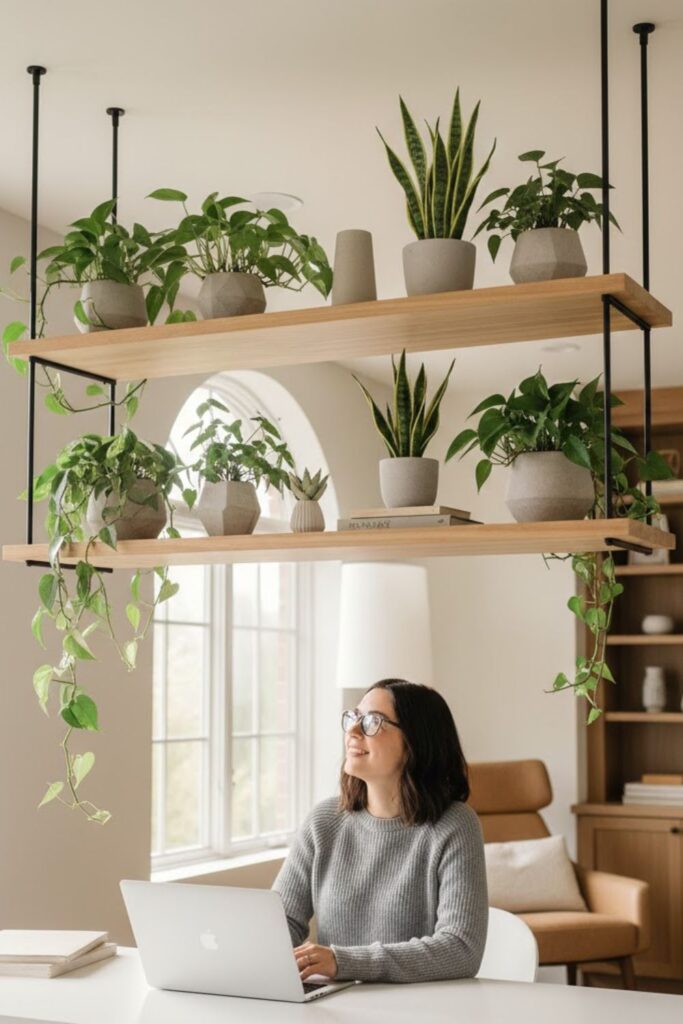 2. Ceiling-Mounted Plant Shelves